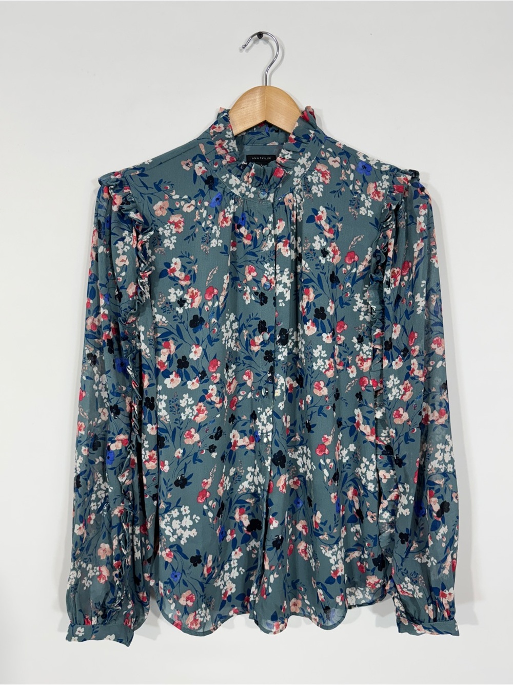 WSH75 {Ann Taylor} Blue Floral Pleated Ruffles Long Sleeve Blouse Shirt Top